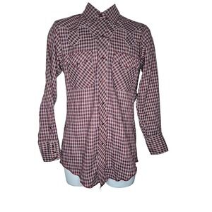 Vintage Karman Western Plaid Shirt Mens 14.5 32 Red Snap USA Cowboy Americana
